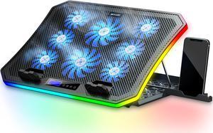 MOOJAY C50 Laptop Cooling Pad Gaming Notebook Cooler, 10 Modes RGB Lights Laptop cooling Fan Stand 8 Adjustable Heights with 8 Quiet Fans and Phone Holder, for 15.6-17.3 Inch Laptops - Blue