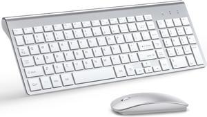 TopMate Wireless Keyboard and Mouse Ultra Slim Combo, 2.4G Silent Compact USB 2400DPI Mouse and Scissor Switch Keyboard Set with Cover, 2 AA and 2 AAA Batteries, for PC/Laptop/Windows/Mac-Silver White