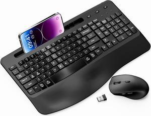 Wireless Rechargable  Keyboard and Mouse Ergonomic Combo, Moojay 2.4G Full-Sized Quiet Wave Keyboard Silent Mice Set with Wrist Rest and Phone Holder for Computer, Laptop, PC, Mac, Windows - Black