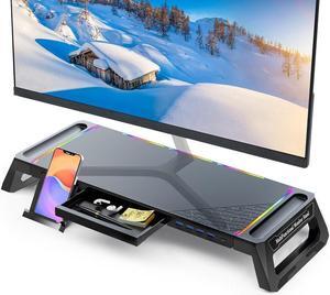 Monitor Stand for Desk RGB Gaming Lights with 4 USB 3.0 Hub, MOOJAY Foldable Computer Screen Riser with Storage Drawer and Phone Holder, Desk Organizer with Pen Tray for PC/Laptop/iMac - Black