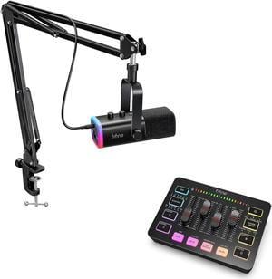 FIFINE XLR/USB Gaming Microphone Set and Gaming Audio Mixer,Dynamic PC Mic for Streaming Podcasting,RGB Recording Mixer with XLR Microphone Interface,Computer RGB Mic Kit with Boom Arm Stand(AM8T+SC3)