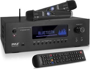 Pyle 1000W Bluetooth Home Theater Karaoke Receiver - 5.2-Ch Stereo Amplifier 2 UHF Wireless Microphone Video Pass-Through Supports, MP3/USB/HDMI/AM/FM Radio - Pyle PT888BTWM , Black