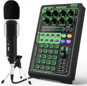 Pyle Portable Bluetooth Live Broadcast Sound Card Pro Audio Interface DJ mixer Condenser w/Microphone Set, for Streaming podcasts Studio, Recording PC, Gaming, Phone, w/FX, Ambient Sounds - PKSCRD308