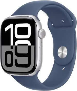 Apple Watch Series 10 [Cellular, GPS, 46mm] Smartwatch with Silver Aluminium Case with Denim Sport Band