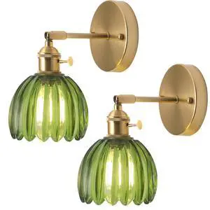 Set of 2 Vintage Brass Gold and Green Glass Flower Wall Lamps Set of 2 Vintage Brass Gold and Green Glass Flower Wall Lamps