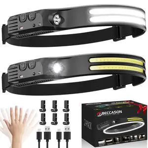 Beccason 2Pack LED Headlamp Rechargeable - 230° COB Super Bright Head Lights for Forehead, Hard hat Light for Adults, USB C Headband Flashlight for Work, Hunting, Running, Camping Essentials Gear Beccason 2Pack LED Headlamp Rechargeable - 230° COB Super Bright Head Lights for Forehead, Hard hat Light for Adults, USB C Headband Flashlight for Work, Hunting, Running, Camping Essentials Gear