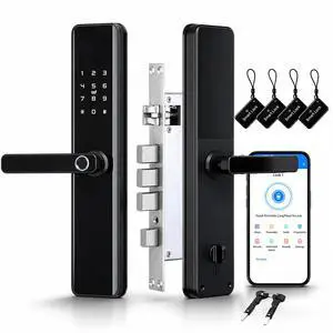 Smart Door Lock with Handle Keyless Entry Deadbolt with Fingerprint, Touchscreen Keypad, Tuya App Control, Passcode & Key, Doorbell, Auto Lock Electronic Front Door Lock for Home Security, Black Smart Door Lock with Handle Keyless Entry Deadbolt with Fingerprint, Touchscreen Keypad, Tuya App Control, Passcode & Key, Doorbell, Auto Lock Electronic Front Door Lock for Home Security, Black