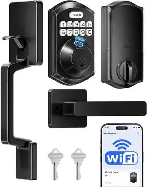 TEEHO TE012W-H WiFi Keypad Door Lock with Handle Set, Fingerprint Smart Locks, Front Door Keyless Entry, APP Remote & Voice Control, Digital Deadbolt with 2 Keys, Auto-Lock, Easy Install, Matte Black TEEHO TE012W-H WiFi Keypad Door Lock with Handle Set, Fingerprint Smart Locks, Front Door Keyless Entry, APP Remote & Voice Control, Digital Deadbolt with 2 Keys, Auto-Lock, Easy Install, Matte Black