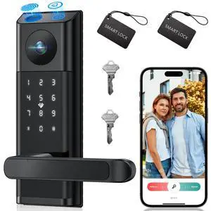 Video Smart Lock with Camera & Doorbell, 5-in-1 Keyless Entry Door Lock with Handle, Fingerprint+Keypad Code+App Remote Control+IC Card, Auto Lock, Wi-Fi Smart Deadbolt for Front Door, Apartment Video Smart Lock with Camera & Doorbell, 5-in-1 Keyless Entry Door Lock with Handle, Fingerprint+Keypad Code+App Remote Control+IC Card, Auto Lock, Wi-Fi Smart Deadbolt for Front Door, Apartment