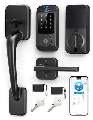 Wi-Fi Smart Front Door Lock Set, Keyless Entry Deadbolt Handle Set Built-in WiFi Fingerprint Electronic Smart Deadbolt with Lever Handle, Digital Keypad, App Control Work with Alexa Black Wi-Fi Smart Front Door Lock Set, Keyless Entry Deadbolt Handle Set Built-in WiFi Fingerprint Electronic Smart Deadbolt with Lever Handle, Digital Keypad, App Control Work with Alexa Black