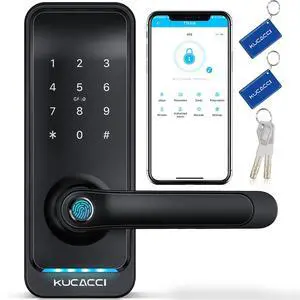 Smart Door Lock with Handle: Kucacci Keyless Entry Digital Door Lock for Front Door - Fingerprint Keypad Smart Dnob - Generate Passcode Remotely - App Control - Easy Installation(Black) Smart Door Lock with Handle: Kucacci Keyless Entry Digital Door Lock for Front Door - Fingerprint Keypad Smart Dnob - Generate Passcode Remotely - App Control - Easy Installation(Black)