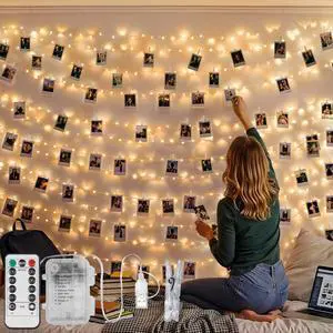 Photo Clip String Lights 33FT 100 LED Fairy Lights Bedroom Dorm | 45 clear clips, remote, USB and battery powered design. Perfect for bedroom, dorm, party and memory wall decor Photo Clip String Lights 33FT 100 LED Fairy Lights Bedroom Dorm | 45 clear clips, remote, USB and battery powered design. Perfect for bedroom, dorm, party and memory wall decor