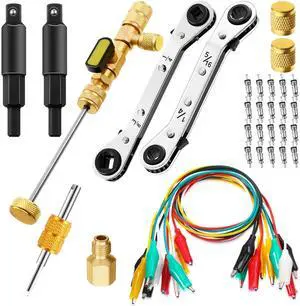 18 Pcs Valve Core Remover Installer Tool with Refrigeration Repair Wrench Set Dual Size 3/8 1/4 5/16 3/16 Service Ratchet Wrench with Hex Bit Adapter Cord Alligator Clips Test leads 18 Pcs Valve Core Remover Installer Tool with Refrigeration Repair Wrench Set Dual Size 3/8 1/4 5/16 3/16 Service Ratchet Wrench with Hex Bit Adapter Cord Alligator Clips Test leads