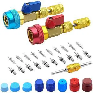 31Pcs A/C Valve Core Tool Kit R134A Remover Installer Set | Fits cars trucks SUVs. R134a valve core remover set. 31pcs seal caps. High low AC tool. Durable repair kit 31Pcs A/C Valve Core Tool Kit R134A Remover Installer Set | Fits cars trucks SUVs. R134a valve core remover set. 31pcs seal caps. High low AC tool. Durable repair kit