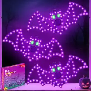 3 Pack 14" Halloween Classics Twinkling LED Bats, Hi-Vibrant Aluminum Frame Bats Window Silhouette Lights, Purple and Green LED Lights, Holiday Indoor Outdoor Decoration 3 Pack 14" Halloween Classics Twinkling LED Bats, Hi-Vibrant Aluminum Frame Bats Window Silhouette Lights, Purple and Green LED Lights, Holiday Indoor Outdoor Decoration