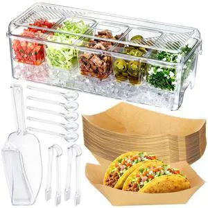 Sliner Taco Bar Serving Set for Party, Ice Chilled Condiment Caddy with 5 Containers, 50 Paper Food Trays, Scoop Spoons Clip, Fruit Salad Chilled Tray for Taco Mimosa Bar Party Beach Picnic Outdoor Sliner Taco Bar Serving Set for Party, Ice Chilled Condiment Caddy with 5 Containers, 50 Paper Food Trays, Scoop Spoons Clip, Fruit Salad Chilled Tray for Taco Mimosa Bar Party Beach Picnic Outdoor