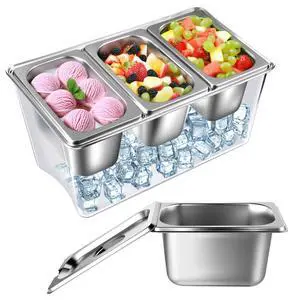 3 Compartments Ice Chilled Condiment Caddy, 30.5 oz Salad Bar Containers Stainless Steel Serving Dish with Lids for Bar, Hummus, Fruit, Salad, Ice Cream Topping, Sauces, Party Supply 3 Compartments Ice Chilled Condiment Caddy, 30.5 oz Salad Bar Containers Stainless Steel Serving Dish with Lids for Bar, Hummus, Fruit, Salad, Ice Cream Topping, Sauces, Party Supply