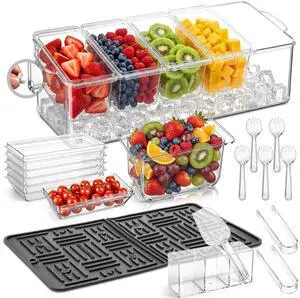 Ice Chilled Condiment Caddy with Drain Plug, 5 Containers with Lids, 85 oz Ice Capacity, 11 Pcs Complete Garnish Tray Condiment Server Set with Drainer Mat Cutlery Holder for Taco Bar Party Ice Chilled Condiment Caddy with Drain Plug, 5 Containers with Lids, 85 oz Ice Capacity, 11 Pcs Complete Garnish Tray Condiment Server Set with Drainer Mat Cutlery Holder for Taco Bar Party
