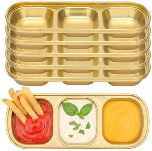 304(18/8) Stainless Steel Sauce Dish, 6 Pack 3 Sections Divided Condiment Plates Trays for Dip, Soy Sauce, Salsa, Side Dishes, Reusable Metal Gold Bowls with Separator, Oven Safe 304(18/8) Stainless Steel Sauce Dish, 6 Pack 3 Sections Divided Condiment Plates Trays for Dip, Soy Sauce, Salsa, Side Dishes, Reusable Metal Gold Bowls with Separator, Oven Safe
