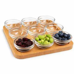JO! 9-Piece Glass Bowls Set Beechwood Tray 1oz, Microwave Safe, 7.5x7.5in | Glass and beechwood, stackable design, small kitchens, dips and snacks, parties, dishwasher safe, natural wood JO! 9-Piece Glass Bowls Set Beechwood Tray 1oz, Microwave Safe, 7.5x7.5in | Glass and beechwood, stackable design, small kitchens, dips and snacks, parties, dishwasher safe, natural wood