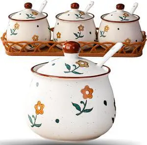 Kitchen Ceramic Condiment Jars with Lids and Spoons, 3 Piece Porcelain Seasoning Jar Set for Salt Spice Pepper Suger Bowl, Coffee Tea Container Pot with Serving Tray - A Yellow Flower Kitchen Ceramic Condiment Jars with Lids and Spoons, 3 Piece Porcelain Seasoning Jar Set for Salt Spice Pepper Suger Bowl, Coffee Tea Container Pot with Serving Tray - A Yellow Flower