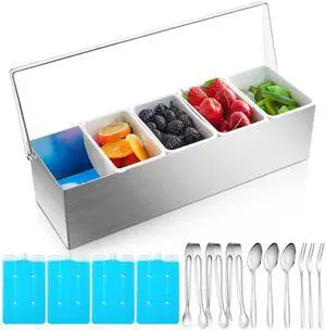 1 Pack Stainless Steel Chilled Condiment Server 5 Removable Slot Toppings Containers with Lid and Bottom Ice Bar Garnish Tray with 9 Silverwares 4 Ice Boxes for Christmas Party, Events and Bar 1 Pack Stainless Steel Chilled Condiment Server 5 Removable Slot Toppings Containers with Lid and Bottom Ice Bar Garnish Tray with 9 Silverwares 4 Ice Boxes for Christmas Party, Events and Bar