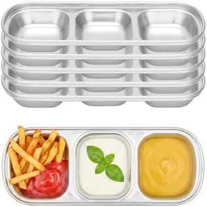 304(18/8) Stainless Steel Sauce Dish, 6 Pack 3 Sections Divided Condiment Plates Trays for Dip, Soy Sauce, Salsa, Side Dishes, Reusable Metal Silver Bowls with Separator, Oven Dishwasher Safe 304(18/8) Stainless Steel Sauce Dish, 6 Pack 3 Sections Divided Condiment Plates Trays for Dip, Soy Sauce, Salsa, Side Dishes, Reusable Metal Silver Bowls with Separator, Oven Dishwasher Safe