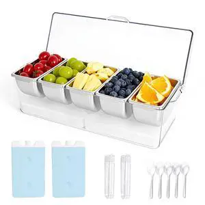 Chilled Condiment Caddy with 5 Stainless Steel Compartments Condiment Containers with Lids, Serving Tray for Party, Bar, Salad, Taco & Fruit Garnish, Includes 2 Ice Packs, 5 Forks and 2 Tongs Chilled Condiment Caddy with 5 Stainless Steel Compartments Condiment Containers with Lids, Serving Tray for Party, Bar, Salad, Taco & Fruit Garnish, Includes 2 Ice Packs, 5 Forks and 2 Tongs
