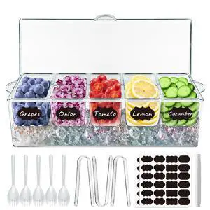 Chilled Condiment Server Tray, Bar Fruit Caddy with Lid and 5 Removable Compartments, Clear Ice Condiment Serving Tray for Party, Toppings Bar Container, Garnish Chilled Condiment Server Tray, Bar Fruit Caddy with Lid and 5 Removable Compartments, Clear Ice Condiment Serving Tray for Party, Toppings Bar Container, Garnish