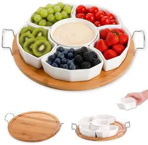 Chip and Dip Serving Set, 11'' Divided Serving Platters Tray for Party, 6-Compartment Removable Appetizer Snack Dishes, Round Sectional Serving Platter for Fruits, Condiment Chip and Dip Serving Set, 11'' Divided Serving Platters Tray for Party, 6-Compartment Removable Appetizer Snack Dishes, Round Sectional Serving Platter for Fruits, Condiment