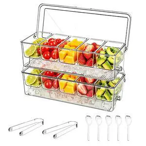 Ice Chilled Condiment Caddy Containers Server with Lids Party Serving Tray | Plastic Serving Trays with 2 Clips 4 Forks Food Tray for Outdoor Party and Bar Condiment Caddy Lemonade Stand Supplies 2 Pa Ice Chilled Condiment Caddy Containers Server with Lids Party Serving Tray | Plastic Serving Trays with 2 Clips 4 Forks Food Tray for Outdoor Party and Bar Condiment Caddy Lemonade Stand Supplies 2 Pa