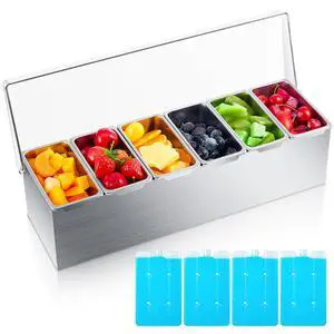 Boao 6 Slot Ice Chilled Stainless Steel Condiment Caddy with 4 Ice Packs, 20oz Compartment Garnish Tray, Toppings Containers with Lids for Summer Bar BBQ Picnic Sauce Fruit Party Food Station Boao 6 Slot Ice Chilled Stainless Steel Condiment Caddy with 4 Ice Packs, 20oz Compartment Garnish Tray, Toppings Containers with Lids for Summer Bar BBQ Picnic Sauce Fruit Party Food Station