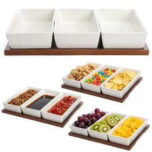 Elsjoy 3-Section Serving Tray, Wood Divided Serving Dish with Ceramic Bowls, 3-Compartment Food Platter Dipping Tray for Appetizer, Fruits, Bread Elsjoy 3-Section Serving Tray, Wood Divided Serving Dish with Ceramic Bowls, 3-Compartment Food Platter Dipping Tray for Appetizer, Fruits, Bread