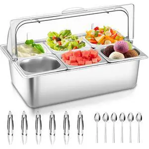 Countertop Food Serving Display Container with Clear Roll Top Cover, Stainless Steel Buffet Food Serving Tray, Condiment Serving Container Dispenser for Restaurant Kitchen Party(6 Compartments) Countertop Food Serving Display Container with Clear Roll Top Cover, Stainless Steel Buffet Food Serving Tray, Condiment Serving Container Dispenser for Restaurant Kitchen Party(6 Compartments)