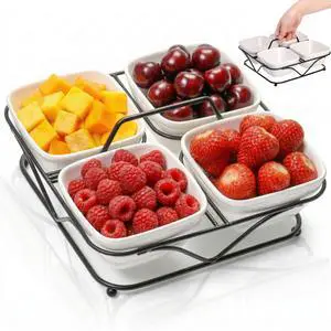 Pumtus Ceramic Divided Serving Dishes, 4 Removable Snack Bowls with Metal Stand, 9 Inch Appetizer Platter with Handle, Dip Bowls for Party, Condiment Serving Relish Tray for Chips & Dips, Nut, Candy Pumtus Ceramic Divided Serving Dishes, 4 Removable Snack Bowls with Metal Stand, 9 Inch Appetizer Platter with Handle, Dip Bowls for Party, Condiment Serving Relish Tray for Chips & Dips, Nut, Candy