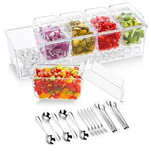 Condiment Containers with lids Stainless Steel 5 Spoons, 5 Forks and 2 Tong | Chilled Serving Trays for Party 5 Removable Containers 20oz each Condiment Caddy for Bar Accessories Fruit and Salad Taco Condiment Containers with lids Stainless Steel 5 Spoons, 5 Forks and 2 Tong | Chilled Serving Trays for Party 5 Removable Containers 20oz each Condiment Caddy for Bar Accessories Fruit and Salad Taco
