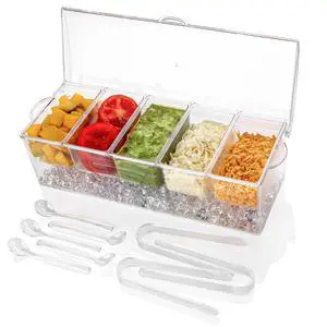 Ice Chilled 5 Compartment Condiment Server Caddy | Fruit Serving Tray | Condiment Pots with 5 Removable Dishes Over 2 Cup Capacity Each and Hinged Lid Ice Chilled 5 Compartment Condiment Server Caddy | Fruit Serving Tray | Condiment Pots with 5 Removable Dishes Over 2 Cup Capacity Each and Hinged Lid