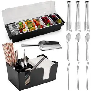 Tessco for you Garnish Tray with Lid Bar Caddy Ice Cooled Condiment Serving Container with Ice Scoop Metal Mini Serving Tongs Fruit Fork Spoons for Food Home Party Kitchen(Plastic,6 Grids) Tessco for you Garnish Tray with Lid Bar Caddy Ice Cooled Condiment Serving Container with Ice Scoop Metal Mini Serving Tongs Fruit Fork Spoons for Food Home Party Kitchen(Plastic,6 Grids)
