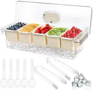 Large Ice Chilled Condiment Server with Lid, 5 Compartment Chilled Condiment Caddy, Taco Bar Serving Tray, Garnish Holder Tray for Bartenders Mimosa Salad Soda Bar Supplies, 2 Tongs, 5 Forks Large Ice Chilled Condiment Server with Lid, 5 Compartment Chilled Condiment Caddy, Taco Bar Serving Tray, Garnish Holder Tray for Bartenders Mimosa Salad Soda Bar Supplies, 2 Tongs, 5 Forks