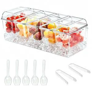 Chilled Condiment Caddy Server Taco Bar Party Serving Set with 5 Containers & Lids for Fruit Salad Snack Food, Ice Garnish Tray Platter for Dirty Soda, Mimosa Bar Supplies Chilled Condiment Caddy Server Taco Bar Party Serving Set with 5 Containers & Lids for Fruit Salad Snack Food, Ice Garnish Tray Platter for Dirty Soda, Mimosa Bar Supplies