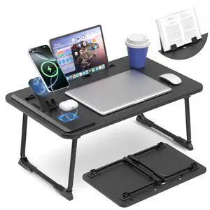 Lap Desk Bed Table with Wireless Charger - Foldable Large Laptop Tray with Tablet Slot and Book Shelf, No Assembly Table for Couch Chair Floor for Sturdy, Writing, Studying Eating, and WFH Lap Desk Bed Table with Wireless Charger - Foldable Large Laptop Tray with Tablet Slot and Book Shelf, No Assembly Table for Couch Chair Floor for Sturdy, Writing, Studying Eating, and WFH