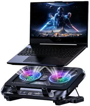 Laptop Cooling Pad with Dual Core Cooler, Gaming Laptop Cooler with 5.5in 2 Powerful Turbofan(9500 RPM), Fast Cooling Laptop 12-21in, 5 Height Stands, 100 Gear Speed, LCD Screen, RGB, Phone Holder Laptop Cooling Pad with Dual Core Cooler, Gaming Laptop Cooler with 5.5in 2 Powerful Turbofan(9500 RPM), Fast Cooling Laptop 12-21in, 5 Height Stands, 100 Gear Speed, LCD Screen, RGB, Phone Holder