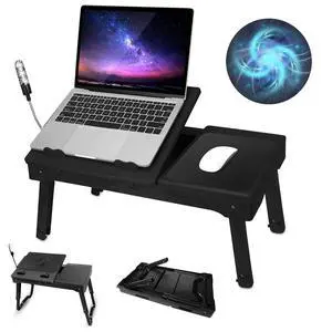 Foldable Laptop Table with Cooling Fan, LED Light, 4 x USB Ports, Mouse Pad & Storage Groove for Laptop Use in Home Office Foldable Laptop Table with Cooling Fan, LED Light, 4 x USB Ports, Mouse Pad & Storage Groove for Laptop Use in Home Office