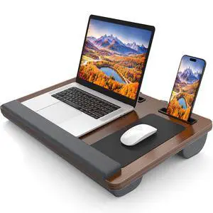 HETTHI Laptop Lap Desk, Portable Large Laptop Desk for Bed, Up to 17 in Lap Table with Wrist Rest, Mouse Pad, Tablet Phone Slot, Portable Handle, Lap Tray with Cushion (Dark Brown) HETTHI Laptop Lap Desk, Portable Large Laptop Desk for Bed, Up to 17 in Lap Table with Wrist Rest, Mouse Pad, Tablet Phone Slot, Portable Handle, Lap Tray with Cushion (Dark Brown)