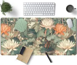 Light Emerald and Orange Floral Desk Mat, XXL Large Extended Mouse Pad Gaming Desk Pad, Aesthetic Asian Lotus Flower Big Laptop Keyboard and Mouse Mat for Women Desktop Office Decor 31.5x15.7 in Light Emerald and Orange Floral Desk Mat, XXL Large Extended Mouse Pad Gaming Desk Pad, Aesthetic Asian Lotus Flower Big Laptop Keyboard and Mouse Mat for Women Desktop Office Decor 31.5x15.7 in