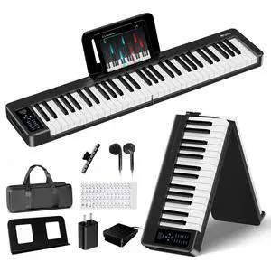 Rhymo Folding Piano Keyboard, 61 Keys Sensitive Electric Piano, Weighted Portable Electric Keyboards with Bluetooth MIDI, Digital Foldable Keyboard for Beginner (Black) Rhymo Folding Piano Keyboard, 61 Keys Sensitive Electric Piano, Weighted Portable Electric Keyboards with Bluetooth MIDI, Digital Foldable Keyboard for Beginner (Black)