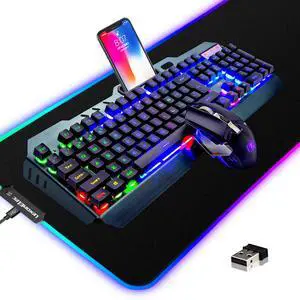 Wireless Gaming Keyboard and Mouse Combo,3 in 1 Rainbow LED Rechargeable Keyboard Mouse with 3800mAh Battery Metal Panel,10 Colors RGB Gaming Mouse Pad (32.5x12x0.15 inch),7 Colors Mute Gaming Mouse Wireless Gaming Keyboard and Mouse Combo,3 in 1 Rainbow LED Rechargeable Keyboard Mouse with 3800mAh Battery Metal Panel,10 Colors RGB Gaming Mouse Pad (32.5x12x0.15 inch),7 Colors Mute Gaming Mouse