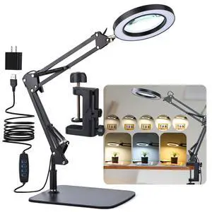 LED Magnifier Desk Lamp with Stand and Clamp, 3 Color Modes & Stepless Dimming 5-Diopter Glass Lens, Adjustable Swivel Arm - Magnifying lamp for Close Work, Repair, Crafts, Reading LED Magnifier Desk Lamp with Stand and Clamp, 3 Color Modes & Stepless Dimming 5-Diopter Glass Lens, Adjustable Swivel Arm - Magnifying lamp for Close Work, Repair, Crafts, Reading