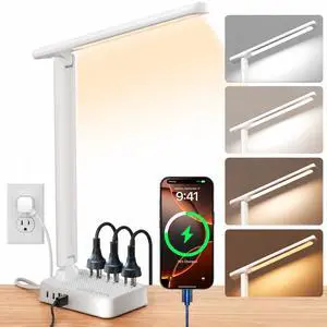 LED Desk Lamp with Power Strip, 3 AC Outlets, 4 USB Ports, Stepless Dimming | 2800K-6500K Color, 2 USB-C, Foldable Design, Timer & Memory, Study, Home Office & College Dorm, 5FT Cord LED Desk Lamp with Power Strip, 3 AC Outlets, 4 USB Ports, Stepless Dimming | 2800K-6500K Color, 2 USB-C, Foldable Design, Timer & Memory, Study, Home Office & College Dorm, 5FT Cord