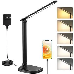 Desk Lamp with Charger, 10%-100% Stepless Dimmable & 5 Color Modes Study Lamp, Touch Control, 30-/60-minute Timer, USB Charging Output Port, CRI90, Eye-Caring Foldable LED Desk Lamps for Home Office Desk Lamp with Charger, 10%-100% Stepless Dimmable & 5 Color Modes Study Lamp, Touch Control, 30-/60-minute Timer, USB Charging Output Port, CRI90, Eye-Caring Foldable LED Desk Lamps for Home Office
